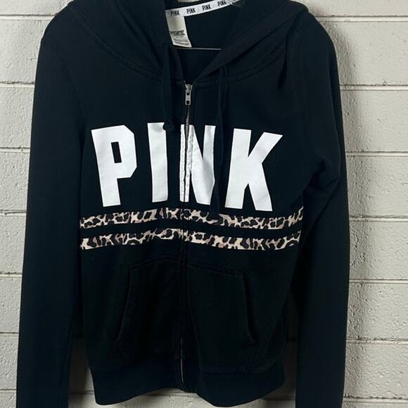 PINK Victoria's Secret black zip-up hoodie cheetah print size S - Picture 5 of 8